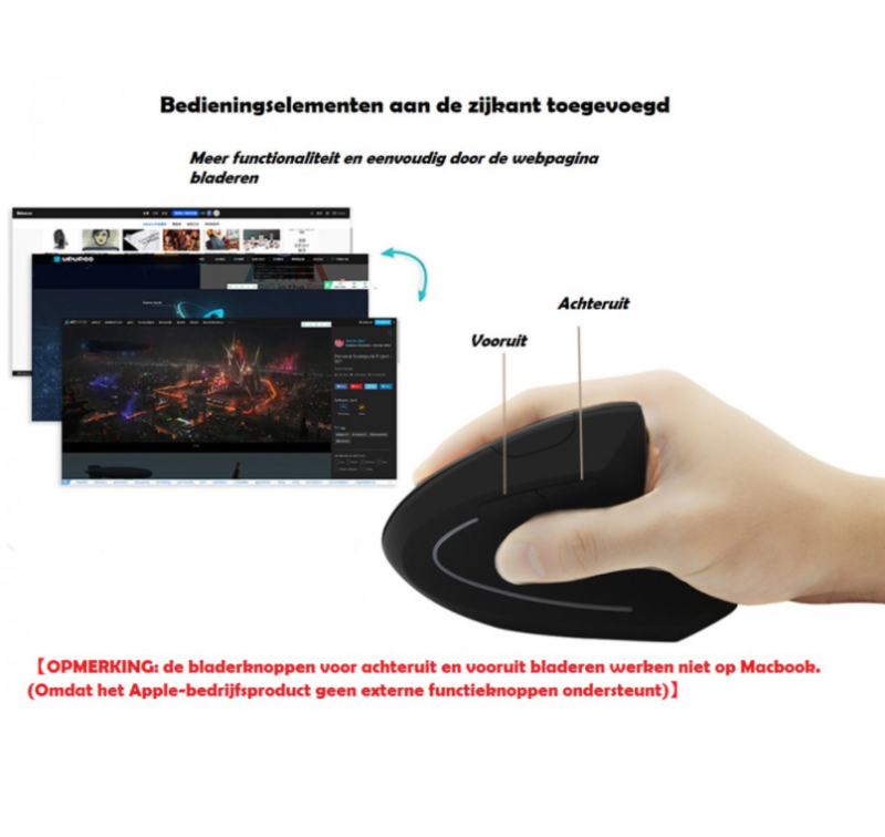 Elementkey Ergo4 - Verticale Muis - Zwart - Draadloze muis met Accu - RSI -3 verstelbare DPI opties 800/1200/1600 - Afbeelding 5