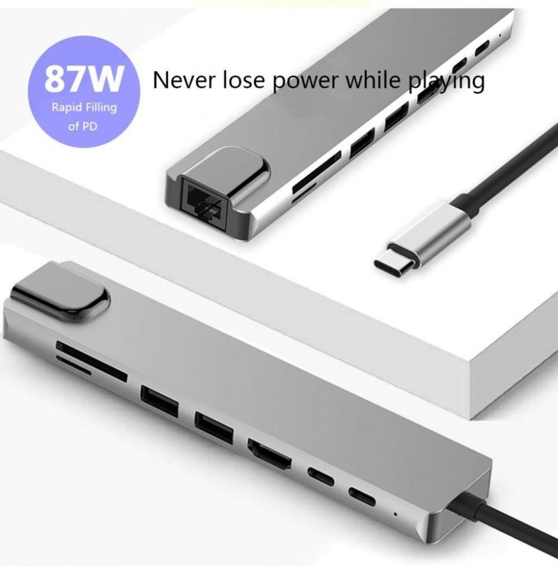 DrPhone 8 in 1 Multi Hub – USB-C naar HDMI 4K - 87W PD Lader - USB-C - RJ45 Gigabit Internet - SD - 2x USB 3.0 Female – Type-C Docking voor o.a. Macbook / Surface Pro / Lenovo / HP - Space Gray - Afbeelding 6