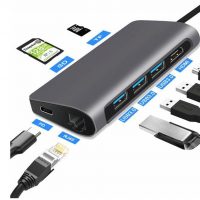 DrPhone 8 in 1 - Thunderbolt 3 - USB 3.1 Multi HUB – 3x USB 3.0 – HDMI 4K – SD Kaart + Micro SD – Gigabit Ethernet – Type C Male & Female – Voor o.a. Microsoft Surface / Macbook / Asus / Lenovo– Adapter – Grijs - Afbeelding 6