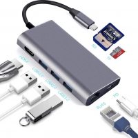 DrPhone 8 in 1 - Thunderbolt 3 - USB 3.1 Multi HUB – 3x USB 3.0 – HDMI 4K – SD Kaart + Micro SD – Gigabit Ethernet – Type C Male & Female – Voor o.a. Microsoft Surface / Macbook / Asus / Lenovo– Adapter – Grijs - Afbeelding 7