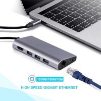 DrPhone 8 in 1 - Thunderbolt 3 - USB 3.1 Multi HUB – 3x USB 3.0 – HDMI 4K – SD Kaart + Micro SD – Gigabit Ethernet – Type C Male & Female – Voor o.a. Microsoft Surface / Macbook / Asus / Lenovo– Adapter – Grijs - Afbeelding 2
