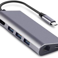 DrPhone 8 in 1 - Thunderbolt 3 - USB 3.1 Multi HUB – 3x USB 3.0 – HDMI 4K – SD Kaart + Micro SD – Gigabit Ethernet – Type C Male & Female – Voor o.a. Microsoft Surface / Macbook / Asus / Lenovo– Adapter – Grijs - Afbeelding 4