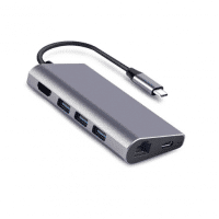 DrPhone 8 in 1 - Thunderbolt 3 - USB 3.1 Multi HUB – 3x USB 3.0 – HDMI 4K – SD Kaart + Micro SD – Gigabit Ethernet – Type C Male & Female – Voor o.a. Microsoft Surface / Macbook / Asus / Lenovo– Adapter – Grijs