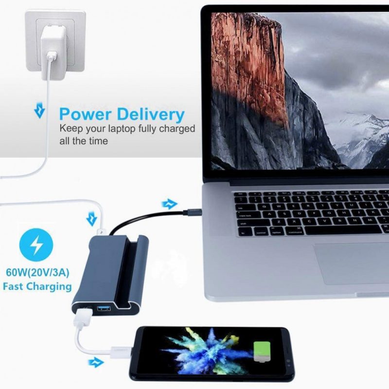 DrPhone CM3 - USB-C Hub Compleet - Thunderbolt 3 - 7 in 1 HUB met standaard Docking – HDMI/VGA /RJ45 1000Mbps /PD /3x USB 3.0 - Macbook / Windows - Nintendo Switch - Zwart - Afbeelding 11