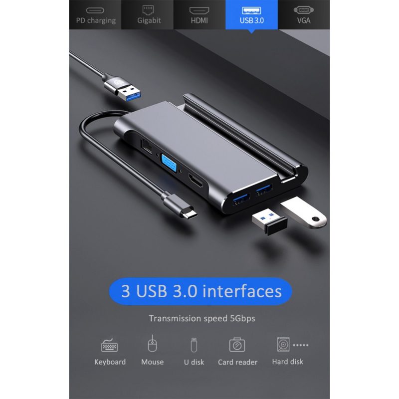 DrPhone CM3 - USB-C Hub Compleet - Thunderbolt 3 - 7 in 1 HUB met standaard Docking – HDMI/VGA /RJ45 1000Mbps /PD /3x USB 3.0 - Macbook / Windows - Nintendo Switch - Zwart - Afbeelding 8