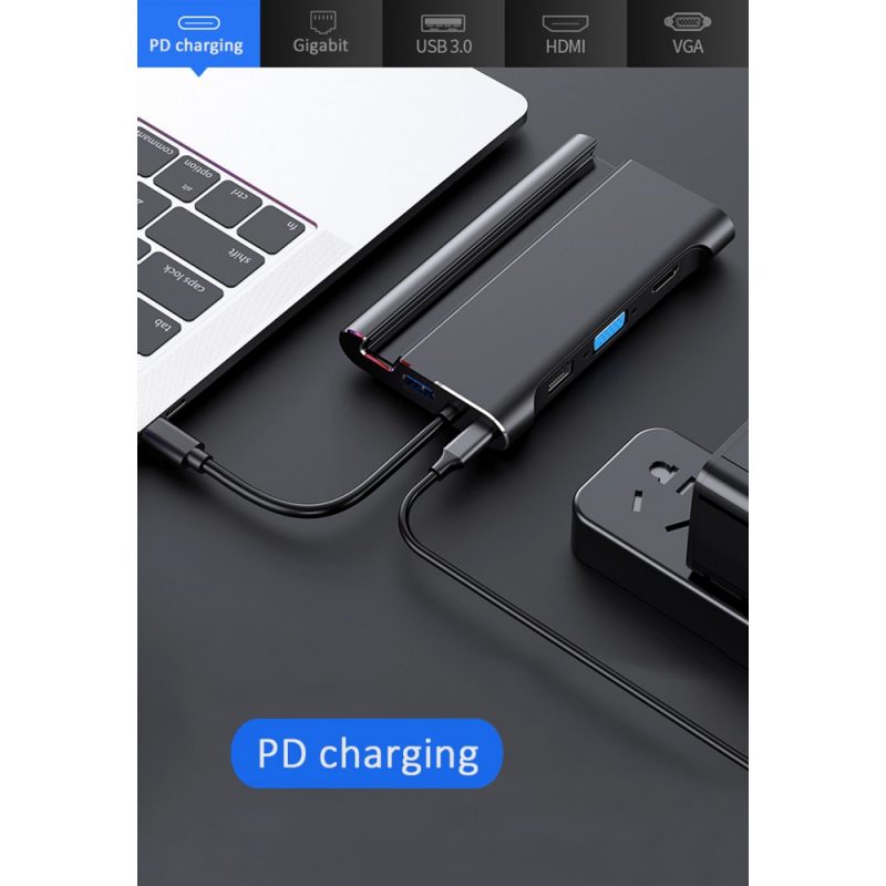 DrPhone CM3 - USB-C Hub Compleet - Thunderbolt 3 - 7 in 1 HUB met standaard Docking – HDMI/VGA /RJ45 1000Mbps /PD /3x USB 3.0 - Macbook / Windows - Nintendo Switch - Zwart - Afbeelding 16