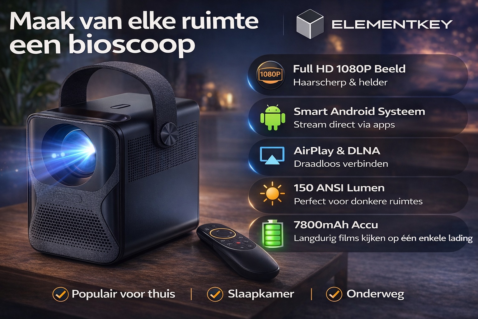 Elementkey mini beamer full hd 1080p android 150 lumen 7800mah zwart