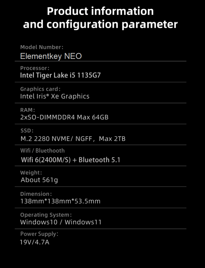 Elementkey NEO – MINI PC – i5 1135G7 – 4.2 GHZ – COMPUTER – 16GB RAM + 512GB SSD + 1TB HDD - WIFI 6 – BLUETOOTH 5.1 - WINDOWS 11 - Afbeelding 22