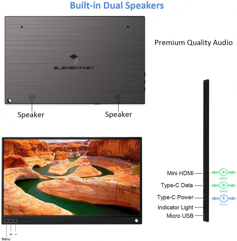 Elementkey GENX1 – 1080P Full HD Draagbare Ultra Dunne Monitor – 15,6 Inch Monitor – Ingebouwde Speaker + Touchscreen – Zwart - Afbeelding 5