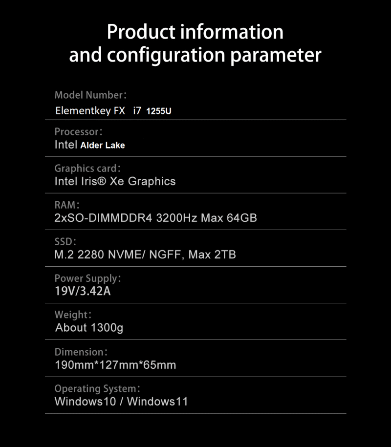 Elementkey FX - i7 1255U - 32 GB RAM + 1000GB SSD + Iris XE - WIFI + Fanloos -  USB-C Thunderbolt 4 - 8K Video - Windows 11 Pro - Afbeelding 19