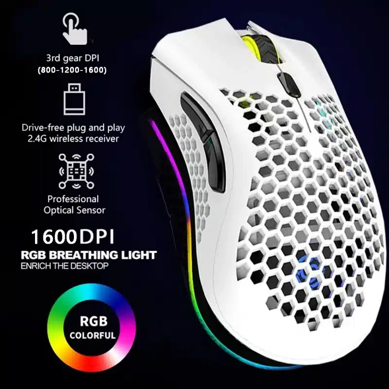 ElementKey HK2 Gaming 2.4 USB Muis - RGB-Licht  1600DPI - 7-knoppen - Honeycomb Style – Wit - Afbeelding 8