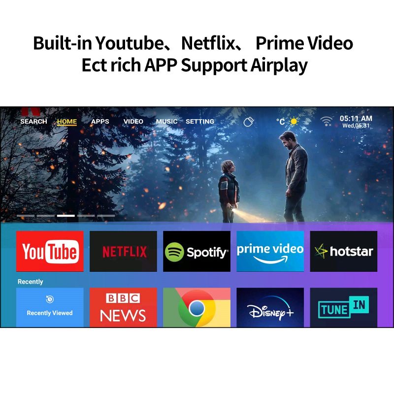 Elementkey SkyCast – Krachtige Beamer – Mini Home Theather – 4K Resolutie – 2.4G &5g Wifi – Bluetooth 5.0 – Android Systeem - 45 tot 150 inch Projectiegrootte - 2GB RAM 32GB Opslag - Afbeelding 9