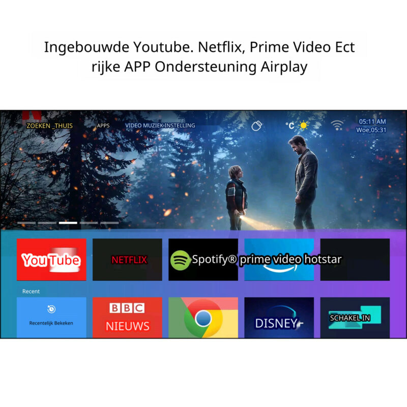 Elementkey SkyCast – Performance Beamer – Mini Home Theather – 4K Resolutie – 2.4G &5g Wifi – Bluetooth 5.0 – Android Systeem - 45 tot 150 inch Projectiegrootte - 2GB RAM 32GB Opslag - Afbeelding 6