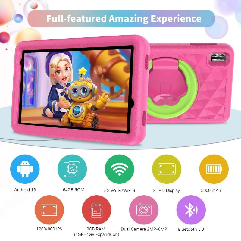 Elementkey Ai-Kids Pro - 8 Inch Kindertablet Android 13, 128GB - 8GB ram - Opslag en Schokbestendige Behuizing Kinderen - Roze - Afbeelding 6