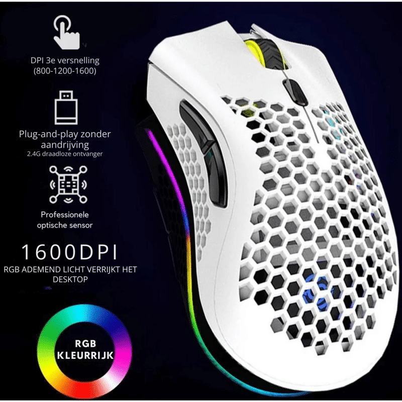 ElementKey HK2 Gaming 2.4 USB Muis - RGB-Licht  1600DPI - 7-knoppen - Honeycomb Style – Zwart - Afbeelding 3