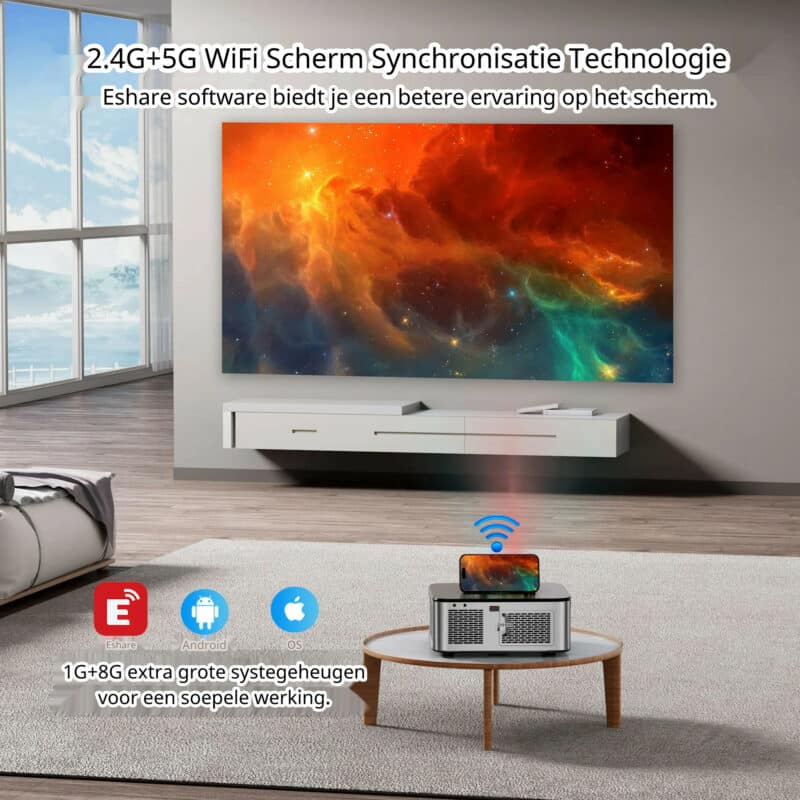 Elementkey BeamBurst – 8K LED - 5G WiFi - High End Beamer Projector – 700 ANSI Lumen – Bluetooth 5.1 - Home Theater - 300 Inch – Android System - Zilver - Afbeelding 6