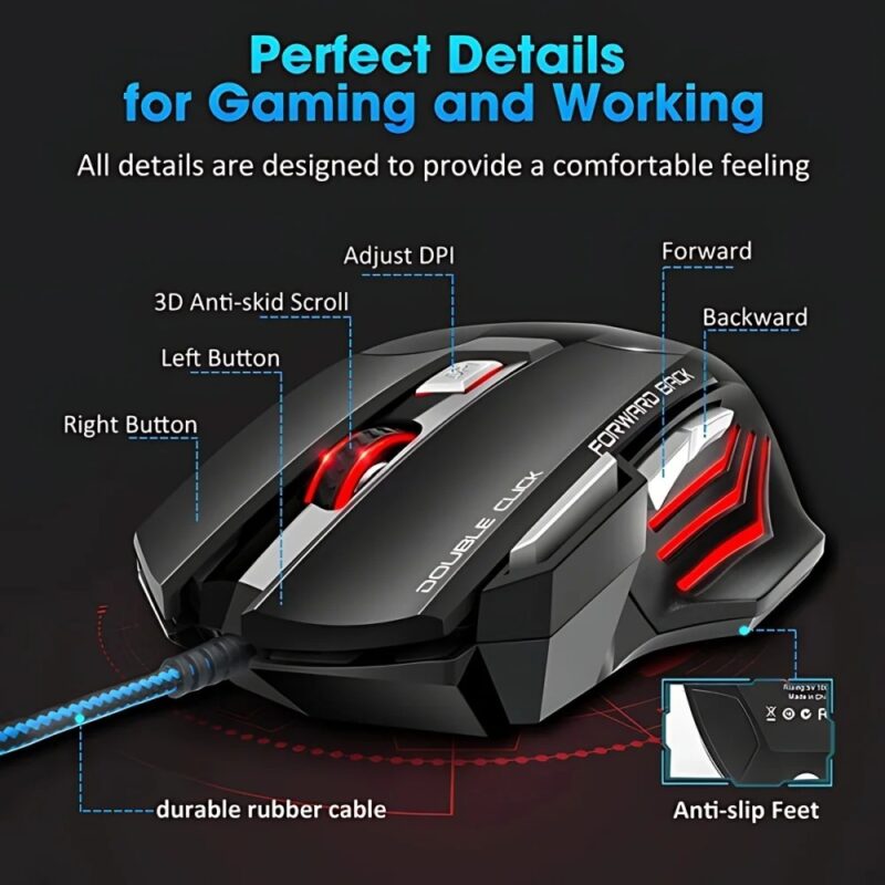 Elementkey HyperClaw V3 – Bedrade Gaming Muis – RGB-verlichting - 800 / 1200 / 2400 DPI - 7 Knoppen – Ergonomische Muis – Duimsteun - Zwart - Afbeelding 3