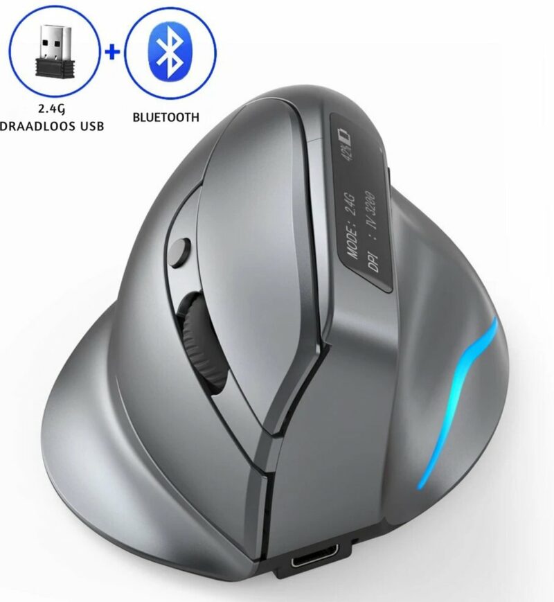 Elementkey F26C Verticale Stille Muis 2.4G + Bluetooth 5.0 – OLED scherm - Ergonomisch – 8 Knoppen – 3200DPI – RGB Licht - Zwart - Afbeelding 5