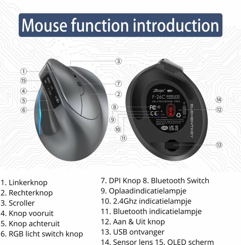 Elementkey F26C Verticale Stille Muis 2.4G + Bluetooth 5.0 – OLED scherm - Ergonomisch – 8 Knoppen – 3200DPI – RGB Licht - Zwart - Afbeelding 6