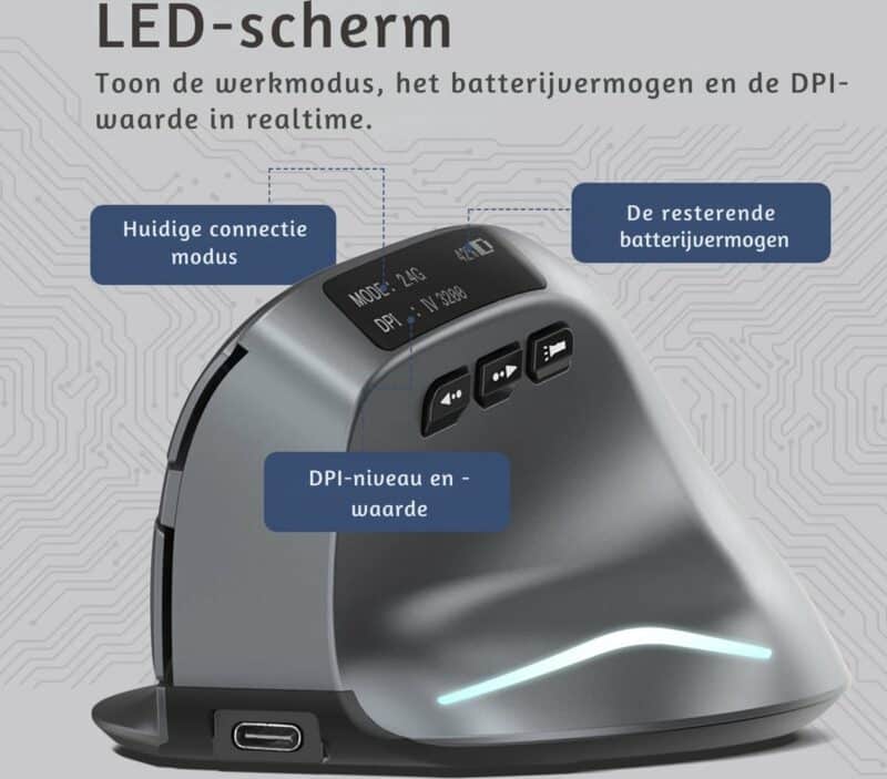 Elementkey F26C Verticale Stille Muis 2.4G + Bluetooth 5.0 – OLED scherm - Ergonomisch – 8 Knoppen – 3200DPI – RGB Licht - Zwart - Afbeelding 7