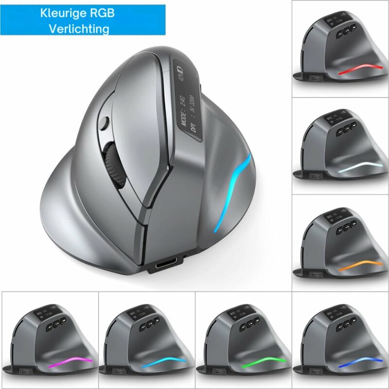 Elementkey F26C Verticale Stille Muis 2.4G + Bluetooth 5.0 – OLED scherm - Ergonomisch – 8 Knoppen – 3200DPI – RGB Licht - Zwart - Afbeelding 3