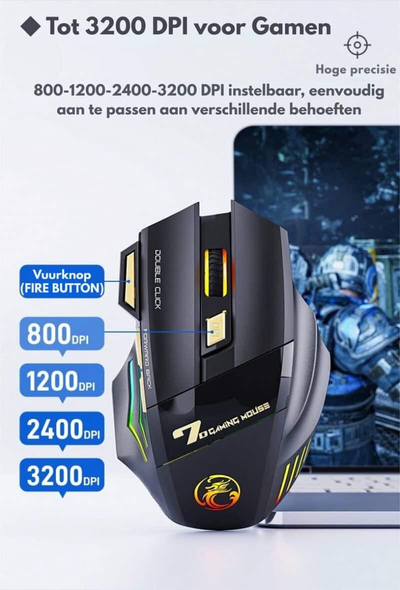 Elementkey HyperClaw V2 Bluetooth + 2,4 GHZ Draadloze Gaming Muis - Dubbele Verbind Modus - tot 3200 DPI – Stil Knoppen + Fire knop - RGB-verlichting - Ergonomisch ontwerp – Zwart - Afbeelding 7