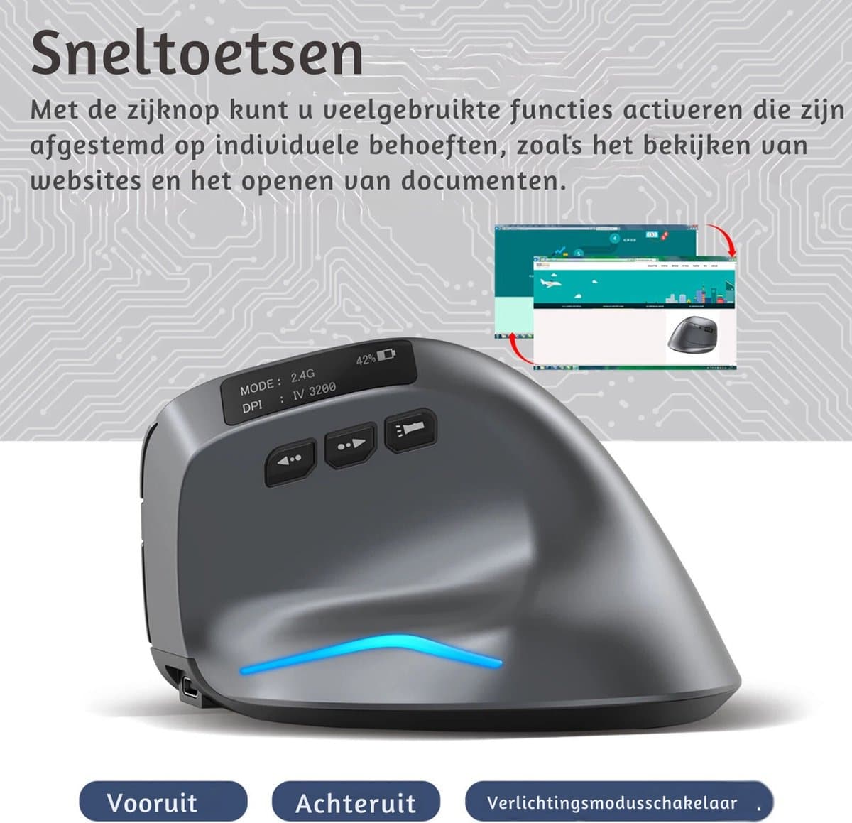 Elementkey F26C Verticale Stille Muis 2.4G + Bluetooth 5.0 – OLED scherm - Ergonomisch – 8 Knoppen – 3200DPI – RGB Licht - Zwart - Afbeelding 12