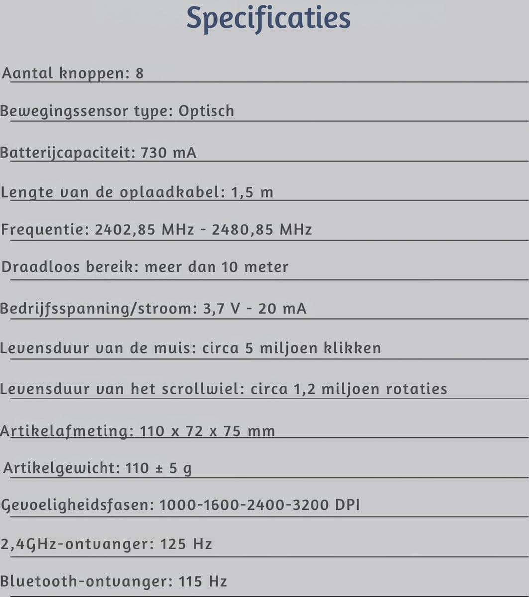 Elementkey draadloze muis optisch 8 knoppen 3200dpi batterij 730ma geheel grijs