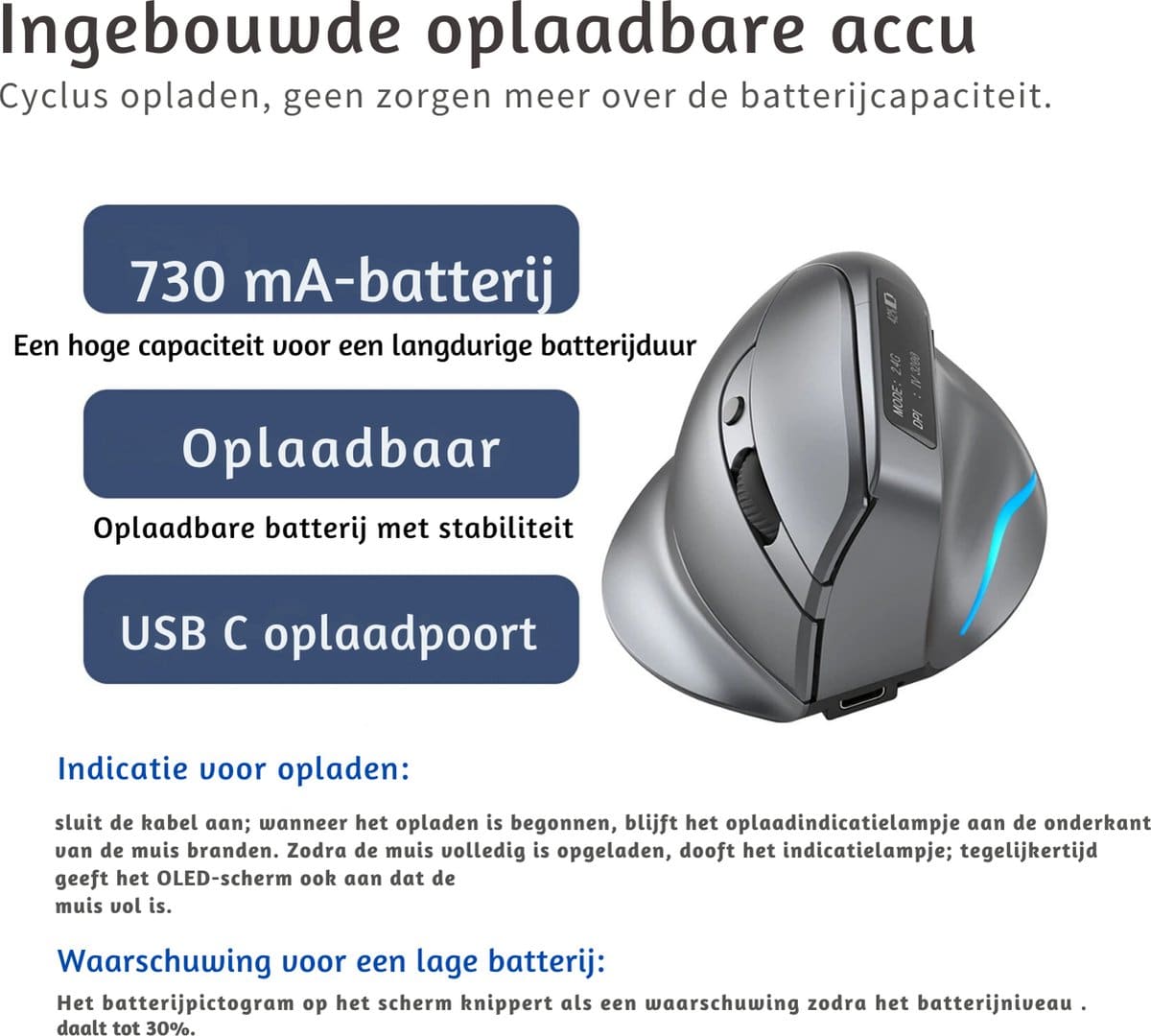 Elementkey ergonomische draadloze muis grijs 730ma batterij usb c oplaadbaar