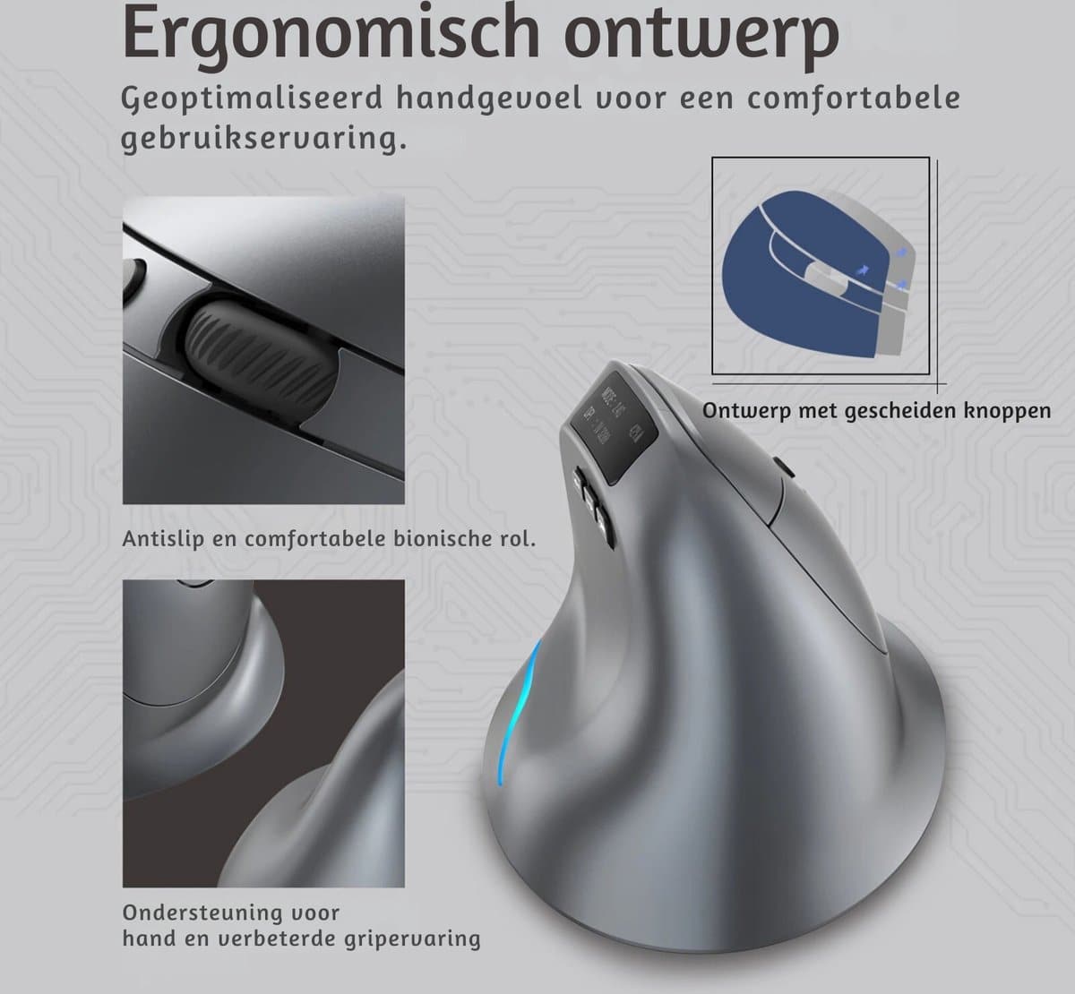 Elementkey ergonomische draadloze muis grijs comfortabel design