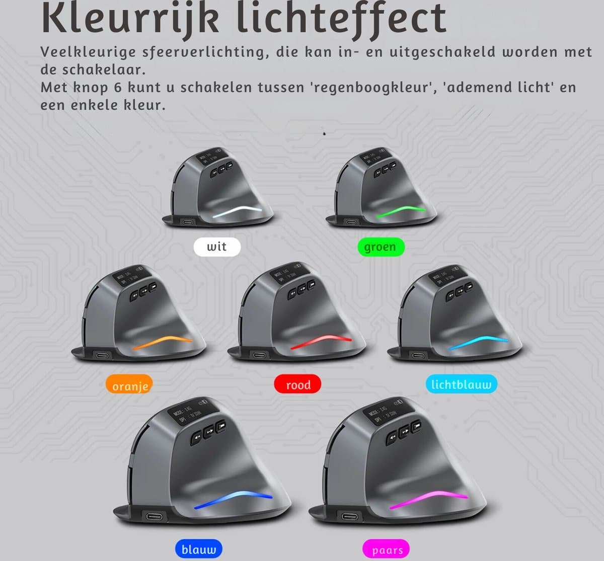 Elementkey F26C Verticale Stille Muis 2.4G + Bluetooth 5.0 – OLED scherm - Ergonomisch – 8 Knoppen – 3200DPI – RGB Licht - Zwart - Afbeelding 11