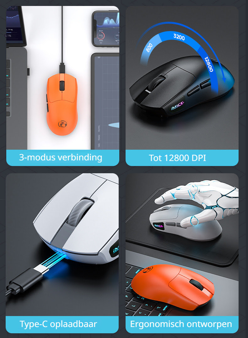 Elementkey draadloze muis 12800 dpi type c oplaadbaar oranje