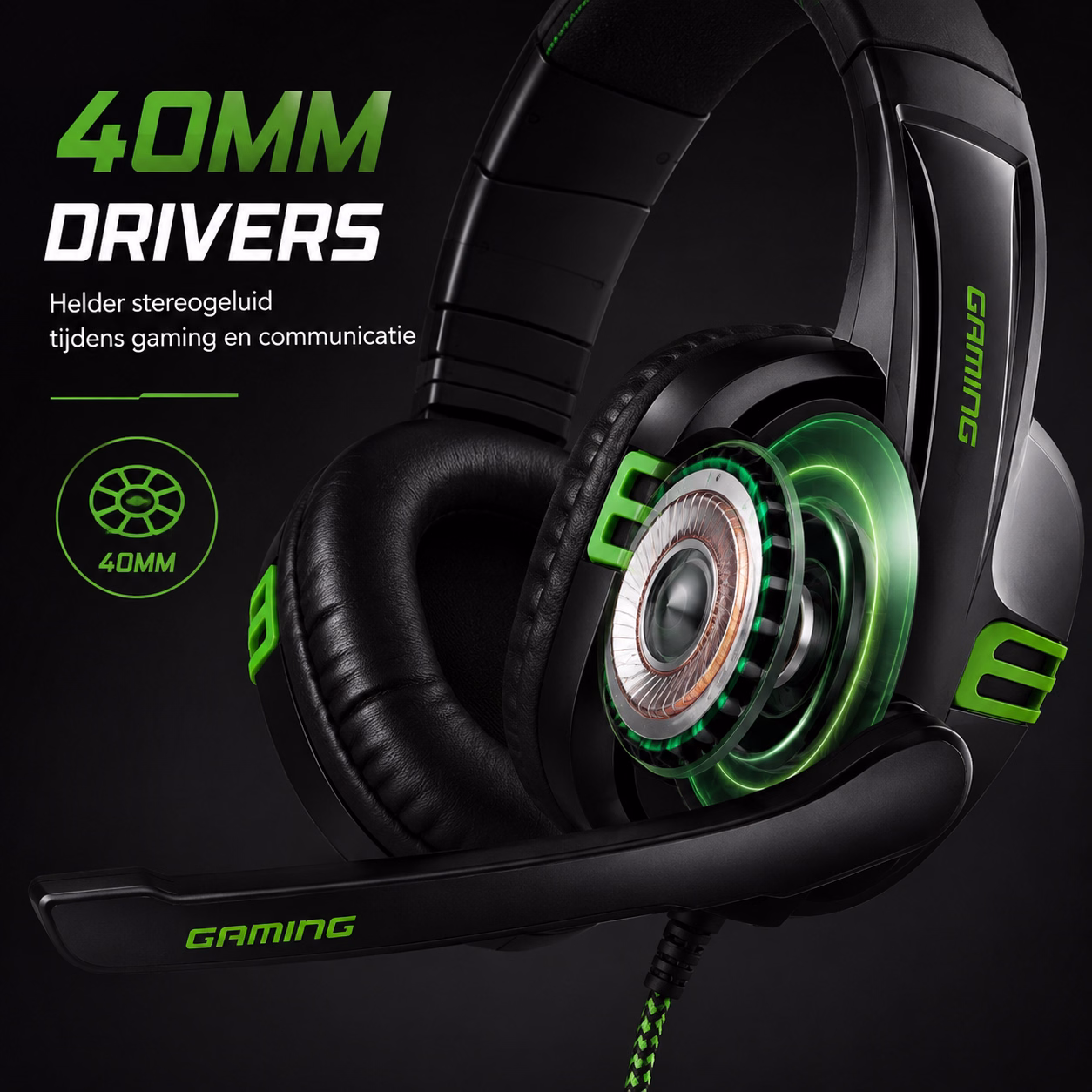 Elementkey StrikeX Gaming Headset – Bedraad – 40mm Drivers – Microfoon – 2x 3.5mm Jack – Over-Ear – Zwart/Groen - Afbeelding 7