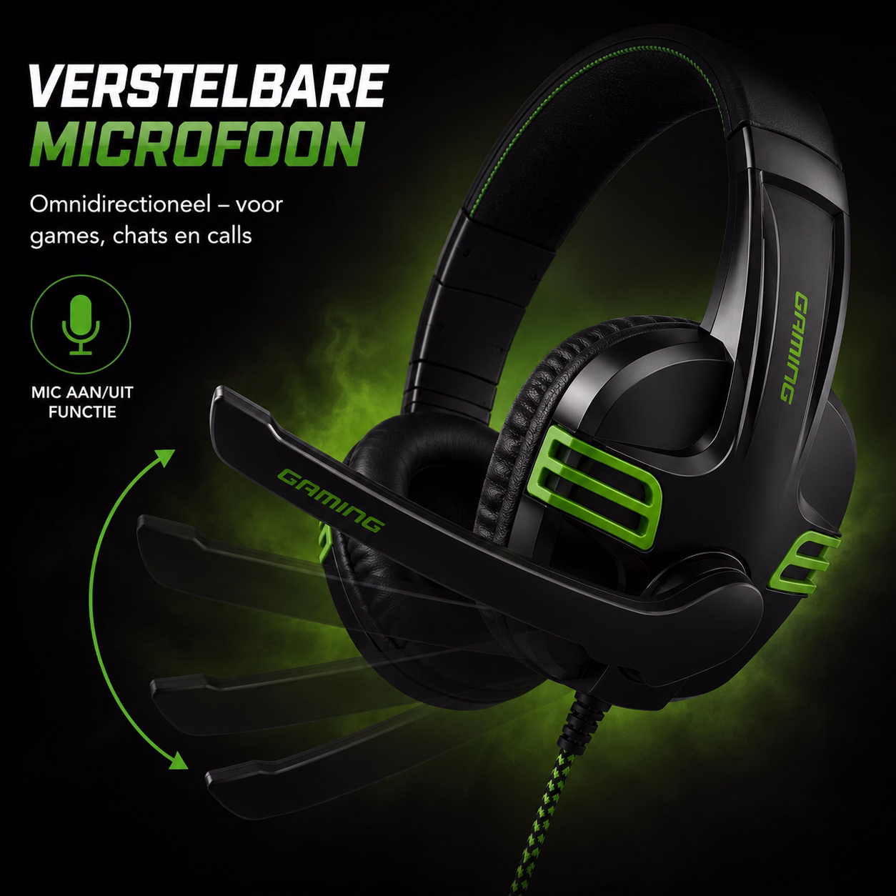 Elementkey StrikeX Gaming Headset – Bedraad – 40mm Drivers – Microfoon – 2x 3.5mm Jack – Over-Ear – Zwart/Groen - Afbeelding 8