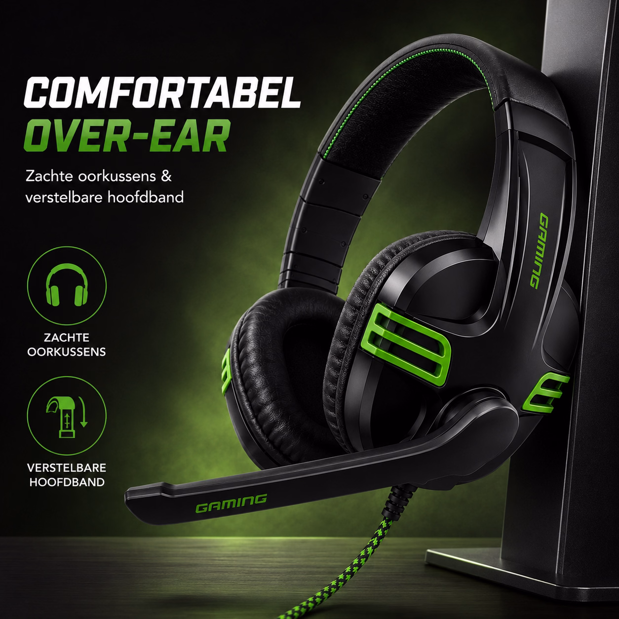Elementkey StrikeX Gaming Headset – Bedraad – 40mm Drivers – Microfoon – 2x 3.5mm Jack – Over-Ear – Zwart/Groen - Afbeelding 6