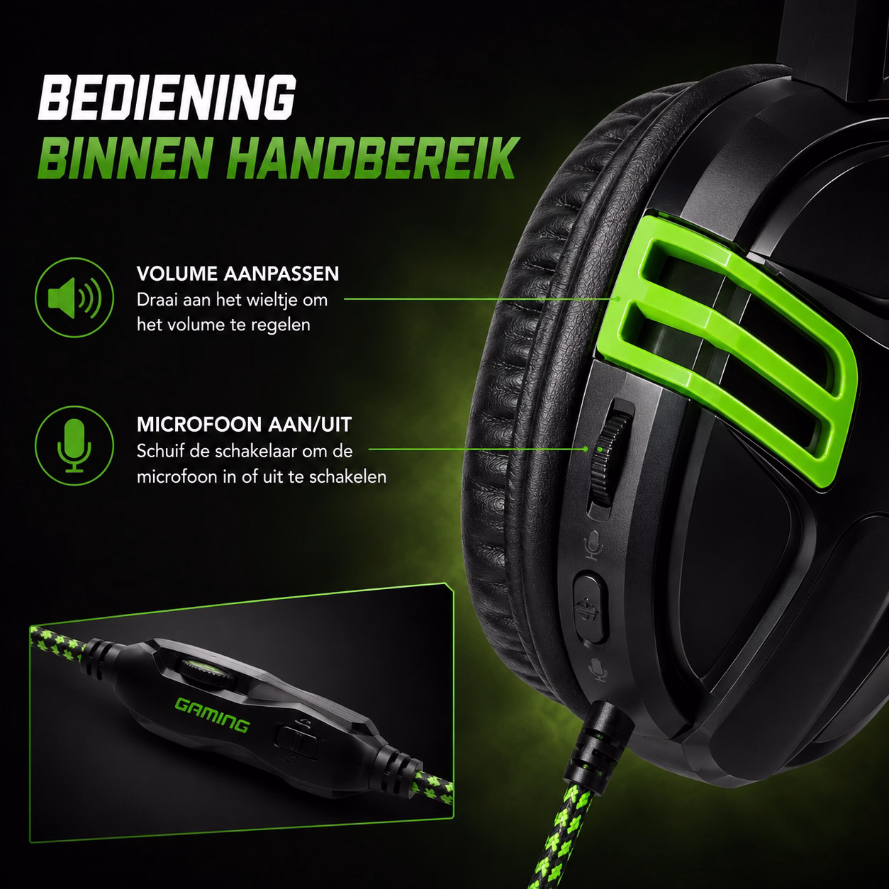 Elementkey StrikeX Gaming Headset – Bedraad – 40mm Drivers – Microfoon – 2x 3.5mm Jack – Over-Ear – Zwart/Groen - Afbeelding 5