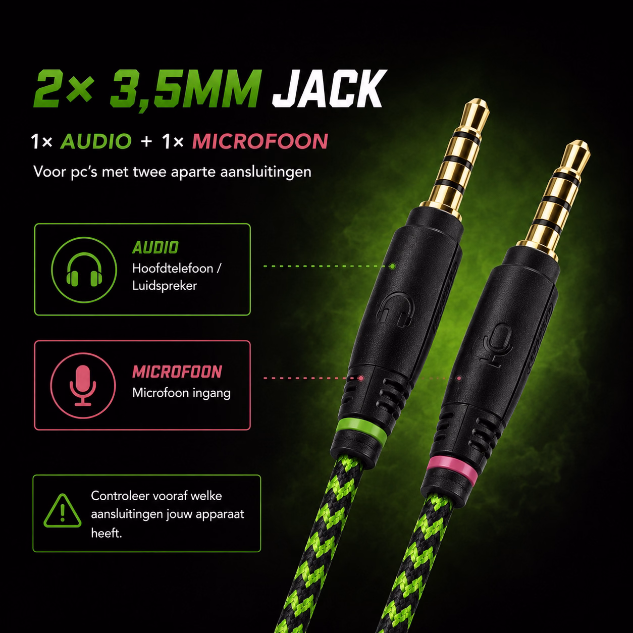 Elementkey StrikeX Gaming Headset – Bedraad – 40mm Drivers – Microfoon – 2x 3.5mm Jack – Over-Ear – Zwart/Groen - Afbeelding 4