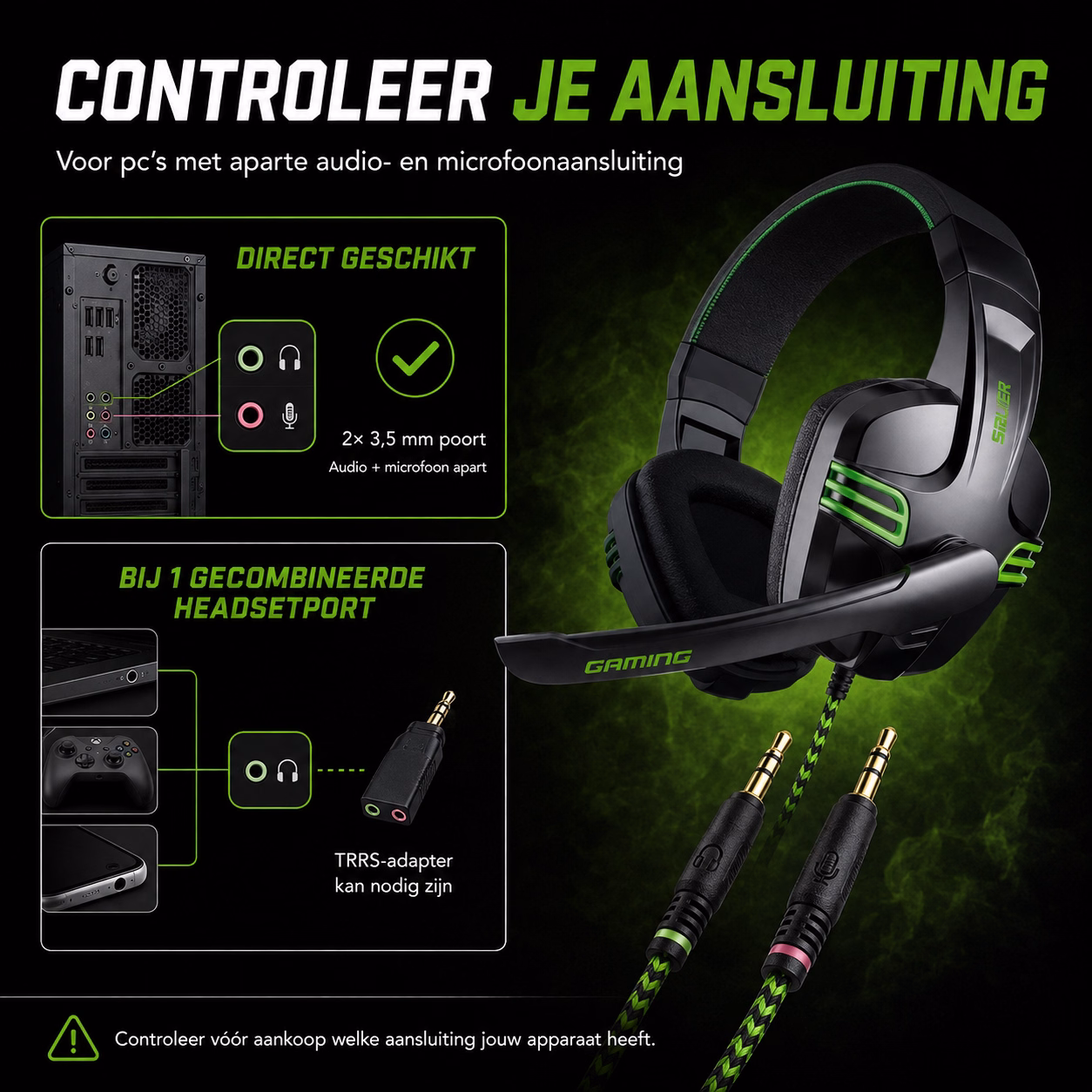 Elementkey StrikeX Gaming Headset – Bedraad – 40mm Drivers – Microfoon – 2x 3.5mm Jack – Over-Ear – Zwart/Groen - Afbeelding 3