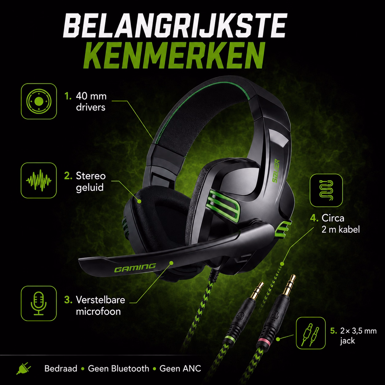 Elementkey StrikeX Gaming Headset – Bedraad – 40mm Drivers – Microfoon – 2x 3.5mm Jack – Over-Ear – Zwart/Groen - Afbeelding 2